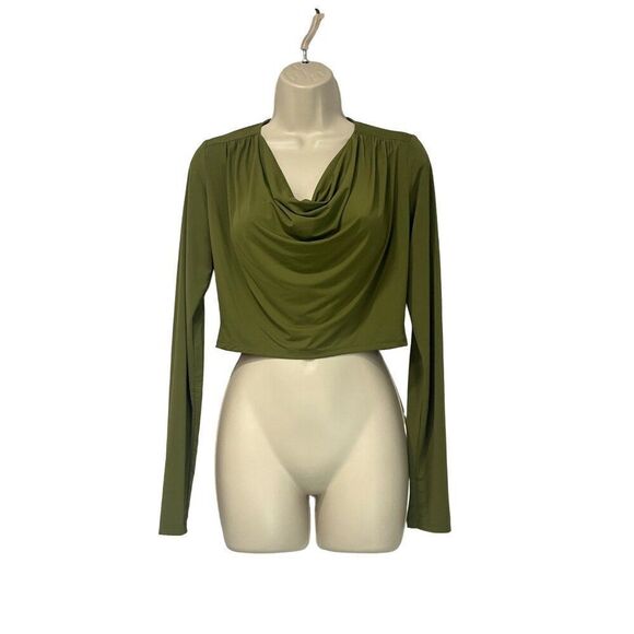 Open Edit Cowl Neck Long Sleeve Crop Top, Olive Sphagnum, XS - Picture 10 of 10
